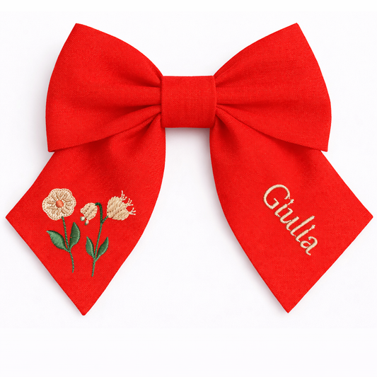 Personalised linen bow with embroidered customer name