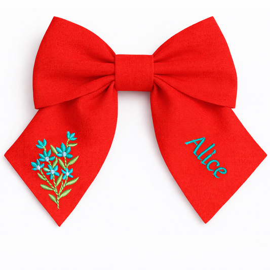 Personalised linen bow with embroidered customer name