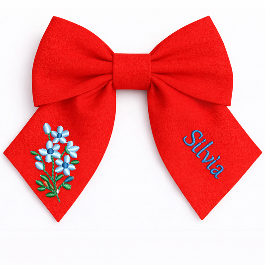 Personalised linen bow with embroidered customer name