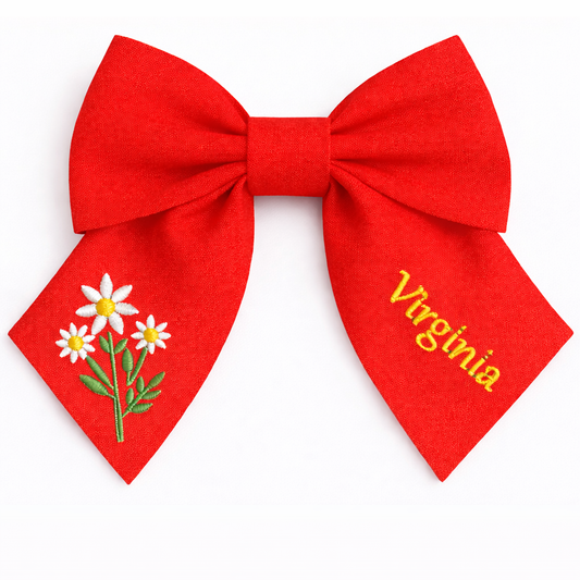 Personalised linen bow with embroidered customer name