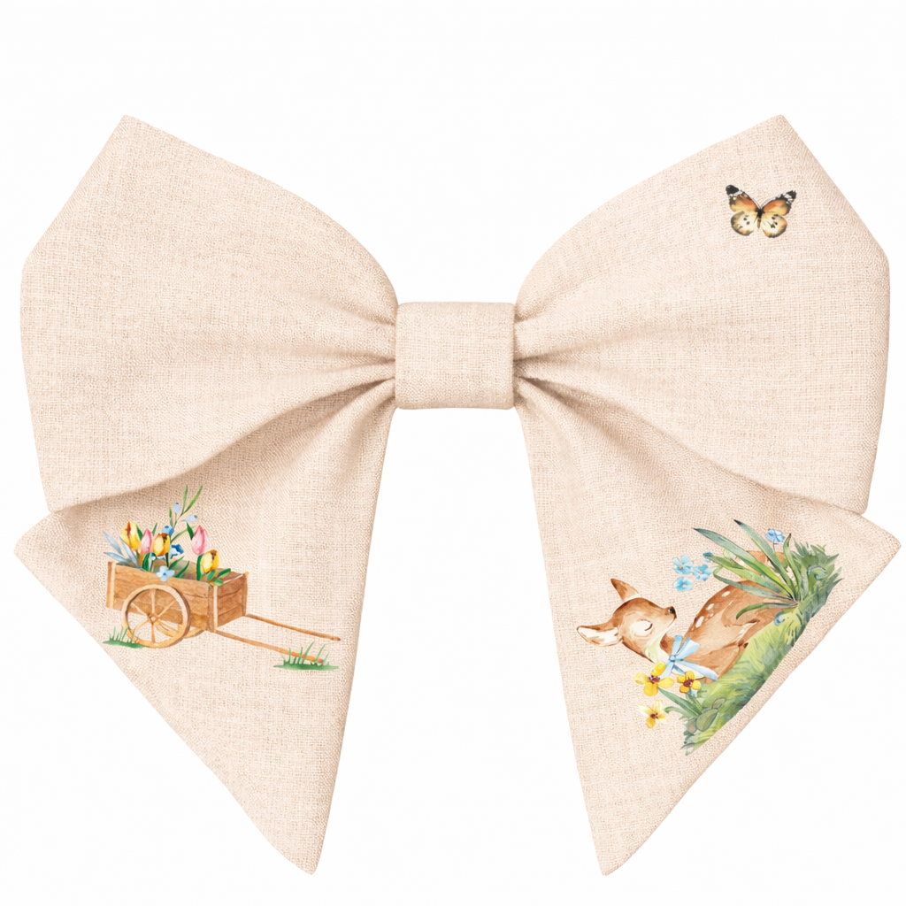 Linen hair bow for girls – beige with fawn and floral print
