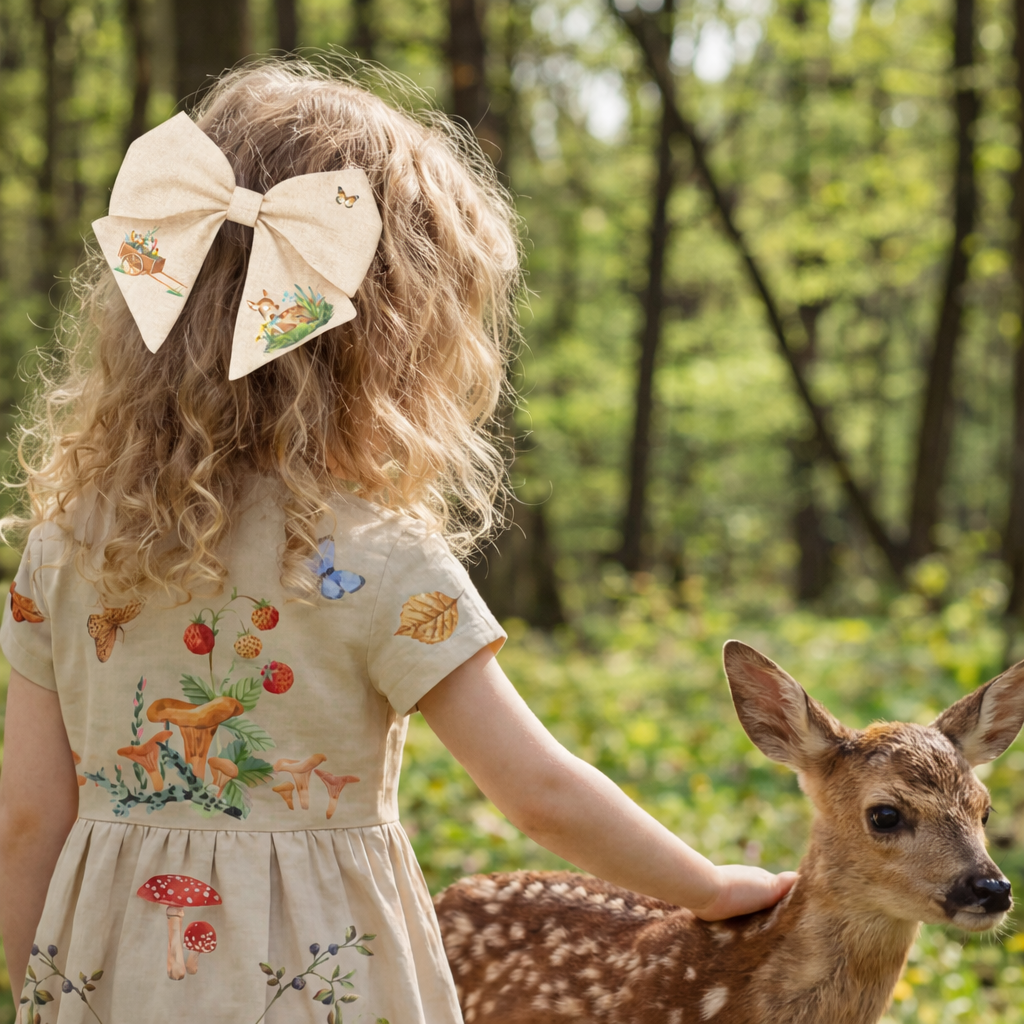 Linen hair bow for girls – beige with fawn and floral print