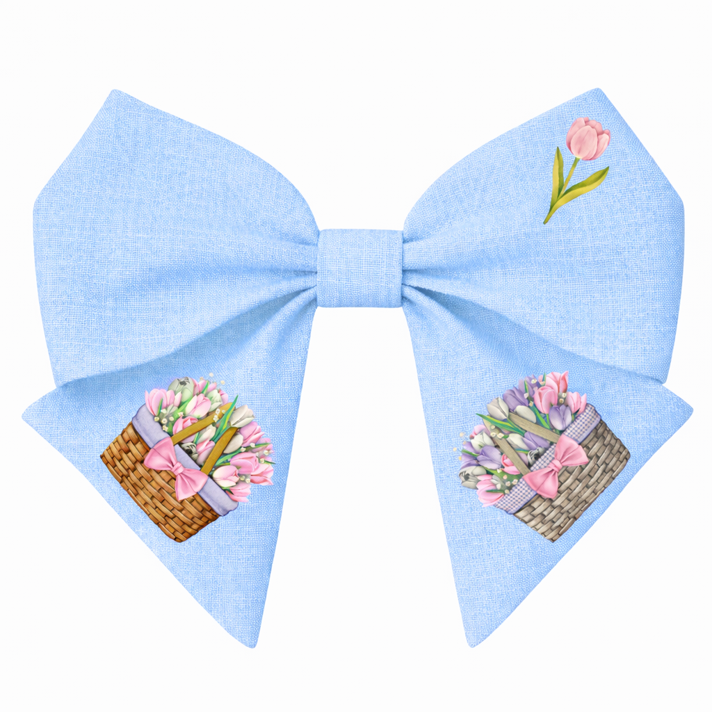 Haarschleife für Mädchen aus Leinen – hellblau mit Tulpen und Blumenkörben