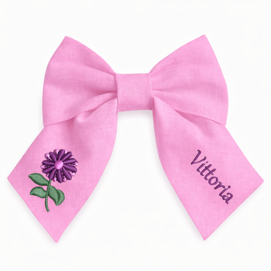 Personalised linen bow with embroidered customer name