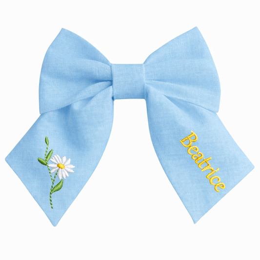 Personalised linen bow with embroidered customer name