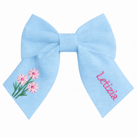 Personalised linen bow with embroidered customer name