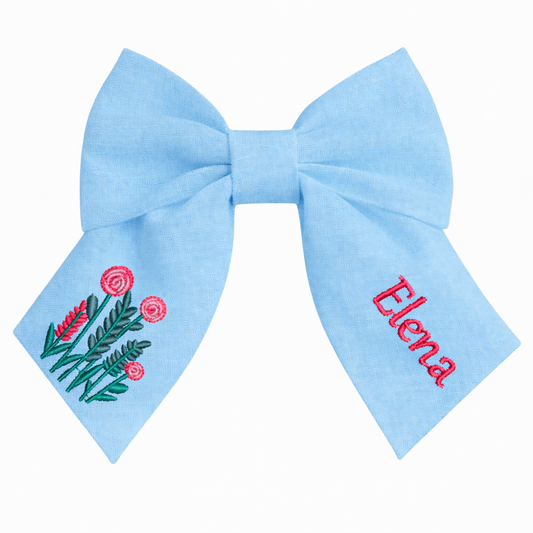 Personalised linen bow with embroidered customer name