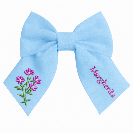 Personalised linen bow with embroidered customer name