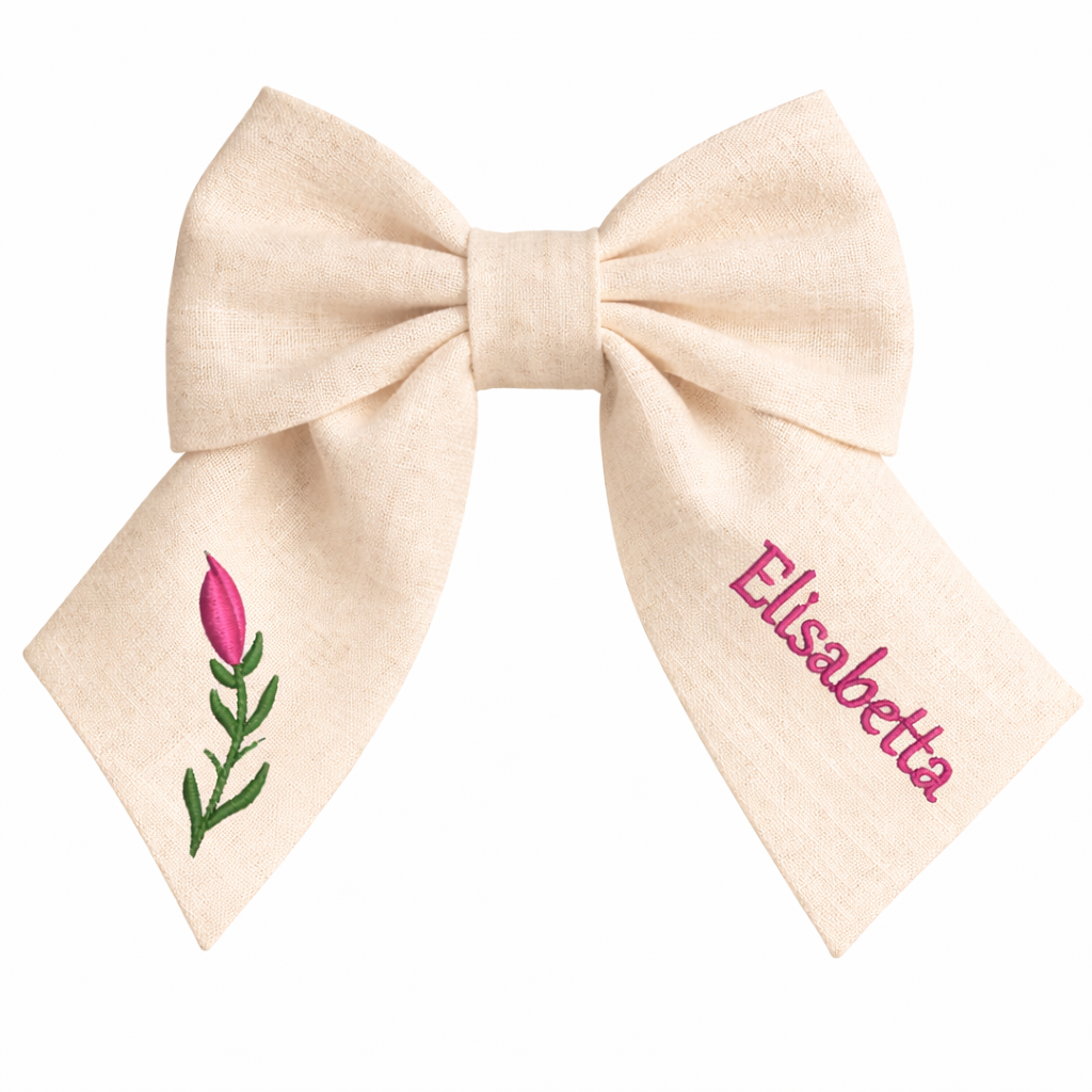 Personalised linen bow with embroidered customer name