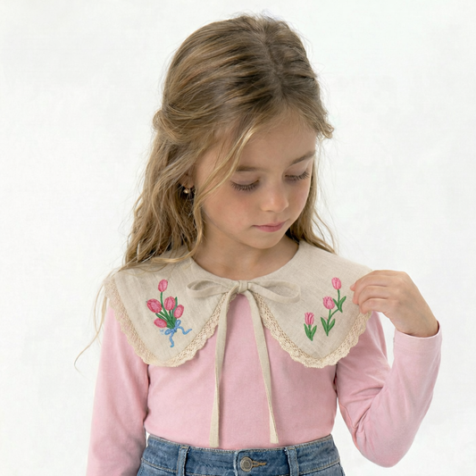 Natural Linen Decorative Collar for Girls with Tulip Embroidery – Handmade in Italy