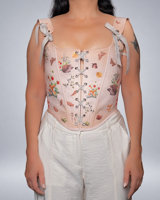 Pink Linen Woodland Corset with Front Lace-Up Cottagecore Fairycore Bodice Italian Atelier Made