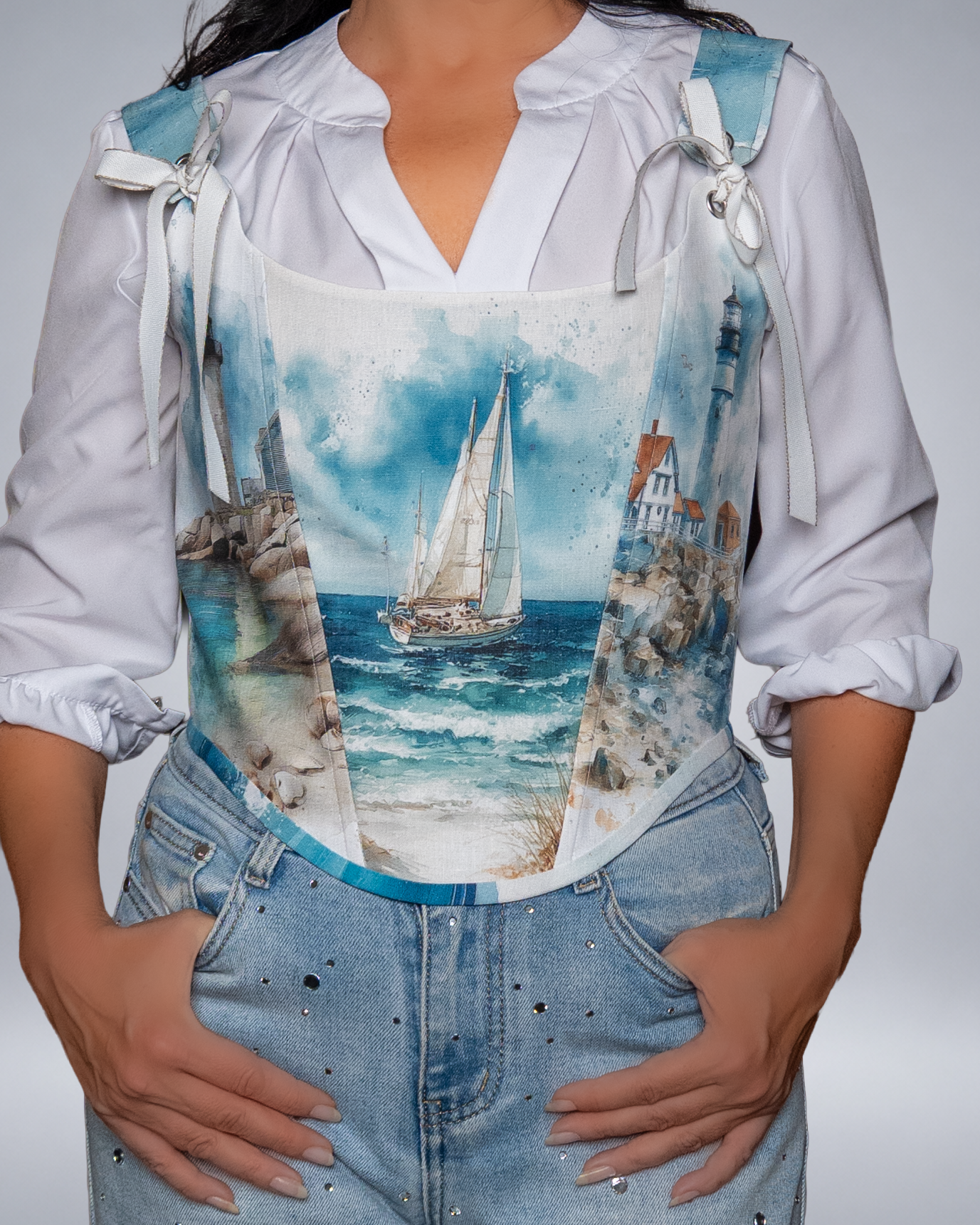 Coastal Sailboat Print Linen Corset