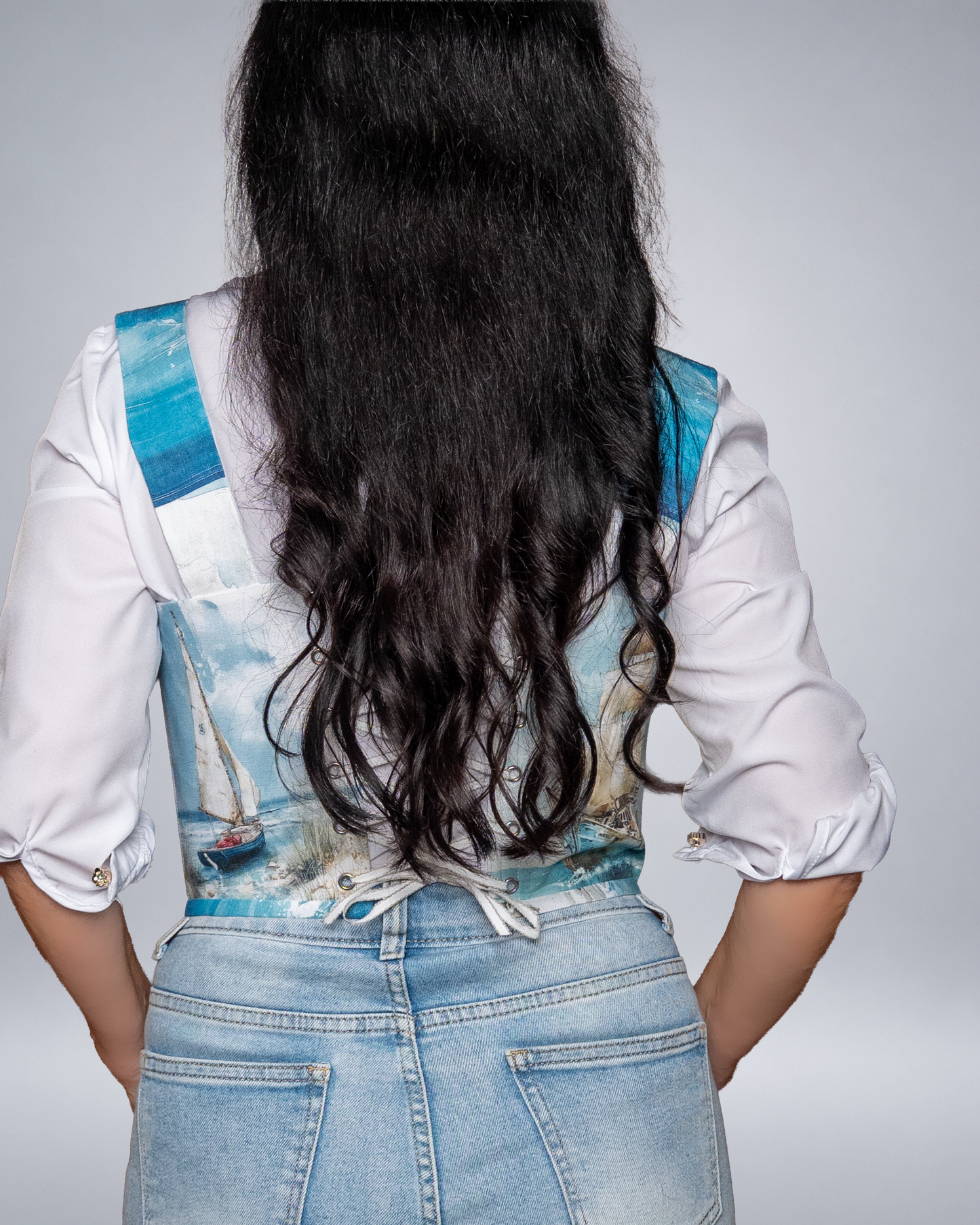 Coastal Sailboat Print Linen Corset