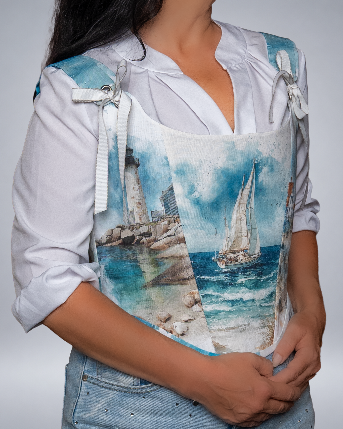 Coastal Sailboat Print Linen Corset