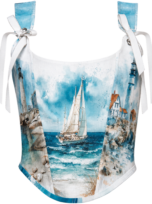 Coastal Sailboat Print Linen Corset