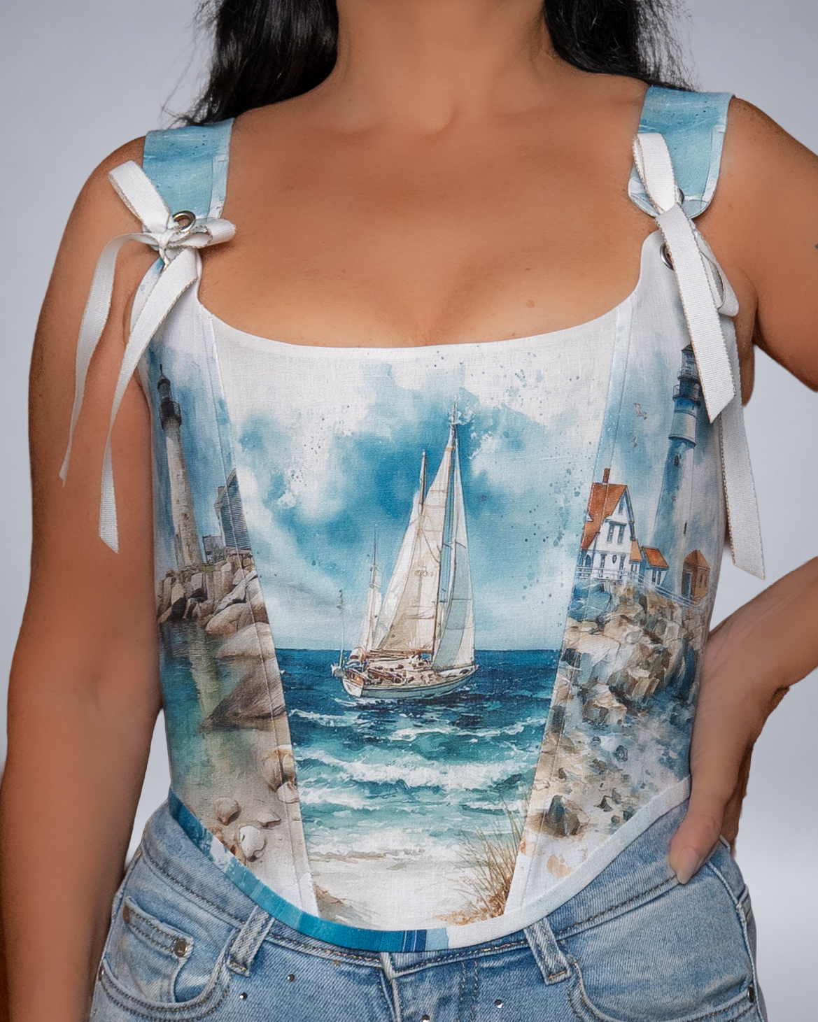 Coastal Sailboat Print Linen Corset
