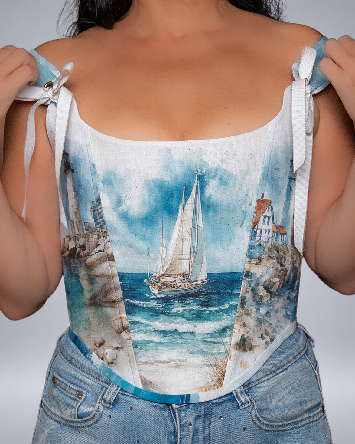 Coastal Sailboat Print Linen Corset
