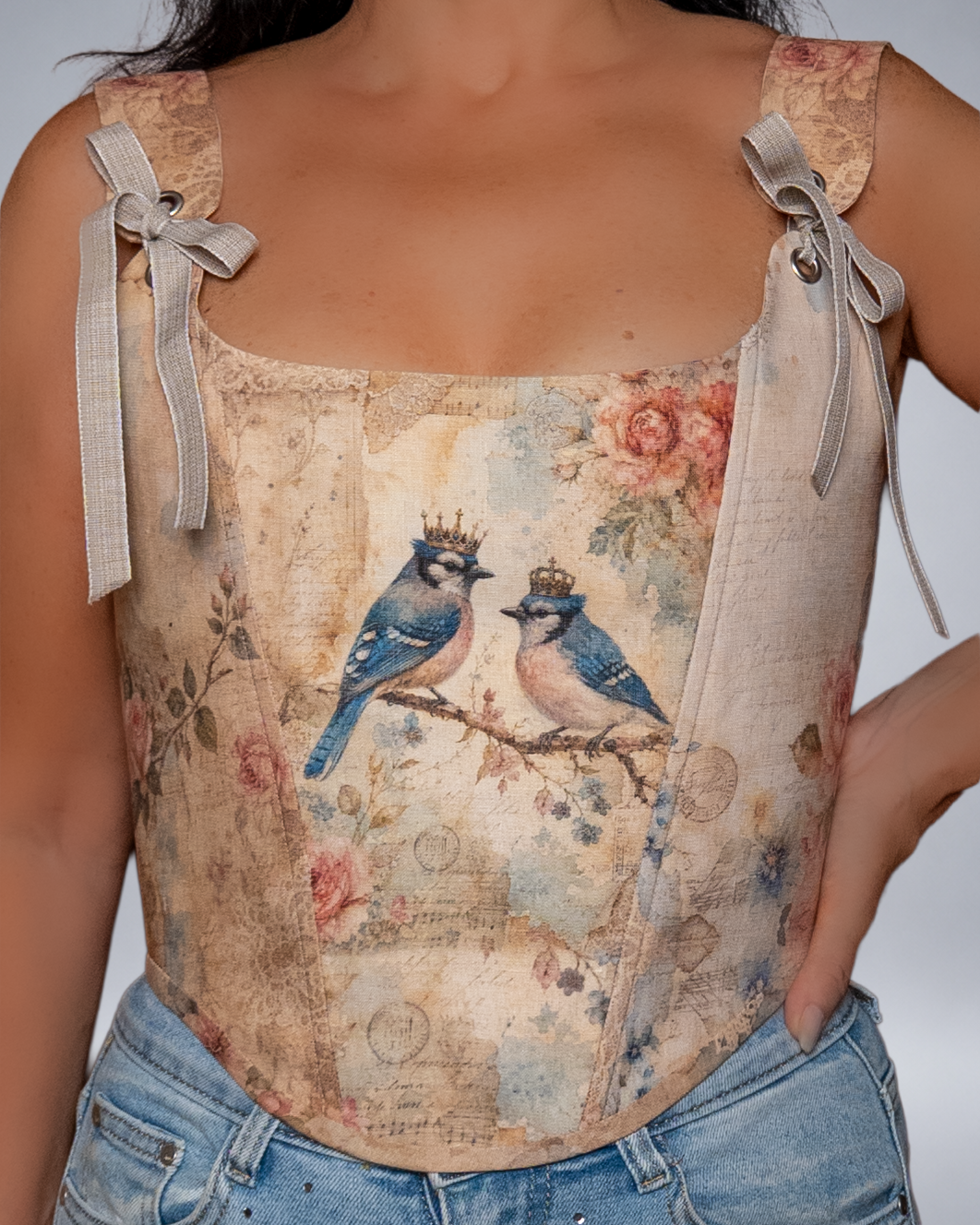Crowned Blue Birds Linen Corset