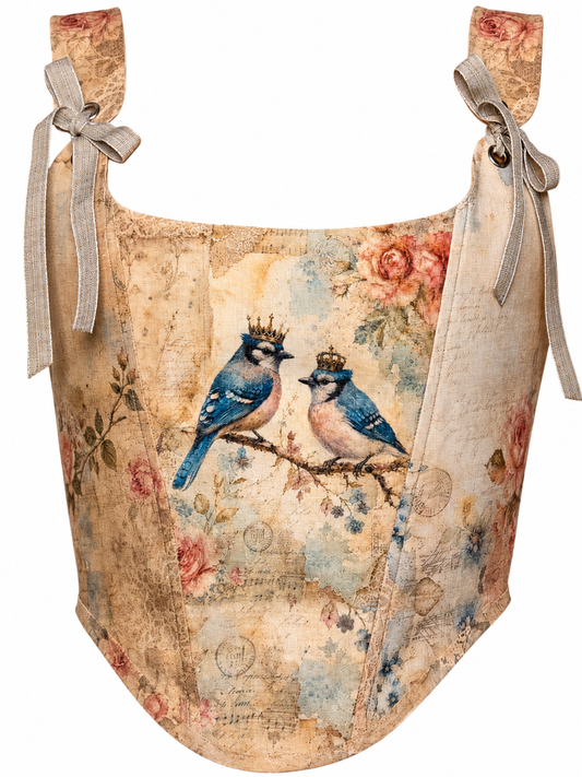 Crowned Blue Birds Linen Corset