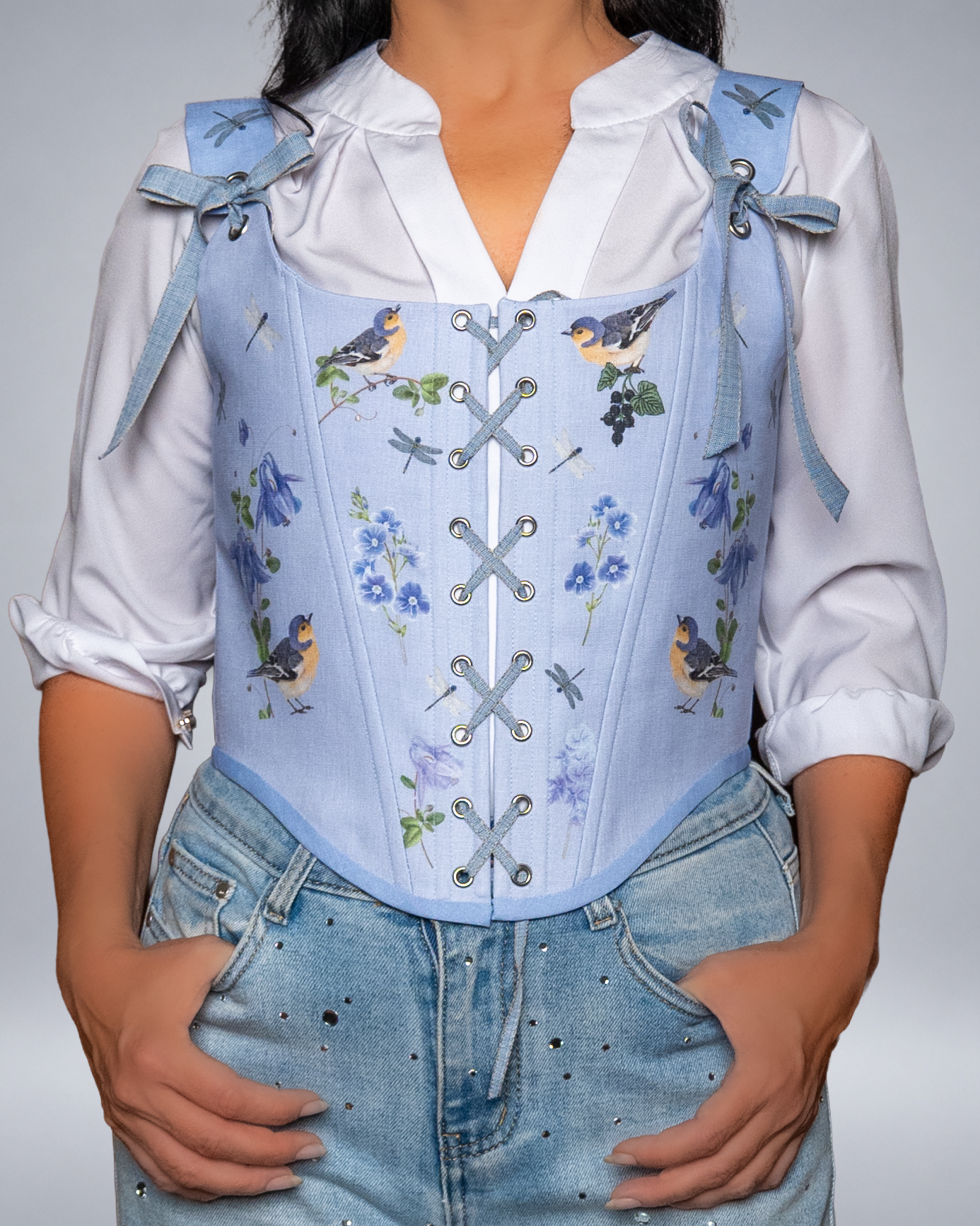 Light Blue Linen Bird Corset with Floral Print  Fairycore Bodice Italian Atelier Made