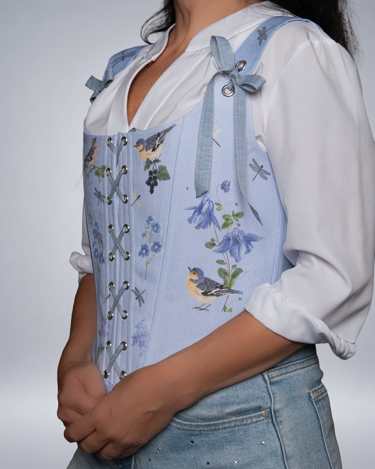 Light Blue Linen Bird Corset with Floral Print  Fairycore Bodice Italian Atelier Made