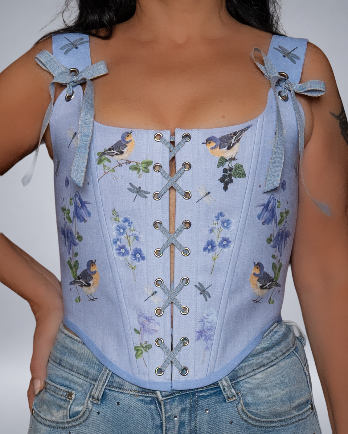 Light Blue Linen Bird Corset with Floral Print  Fairycore Bodice Italian Atelier Made