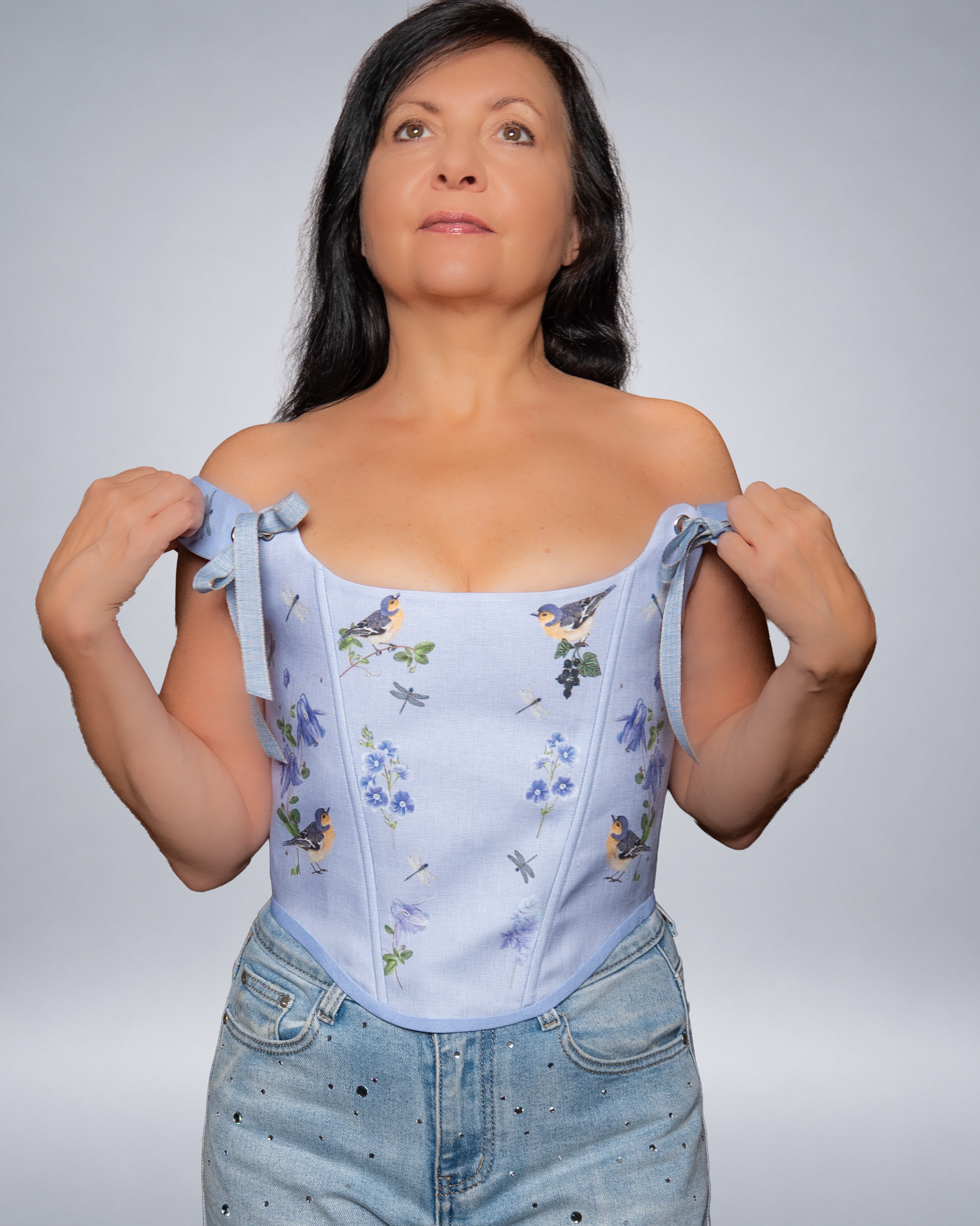 Light Blue Linen Bird Corset with Floral Print  Fairycore Bodice Italian Atelier Made