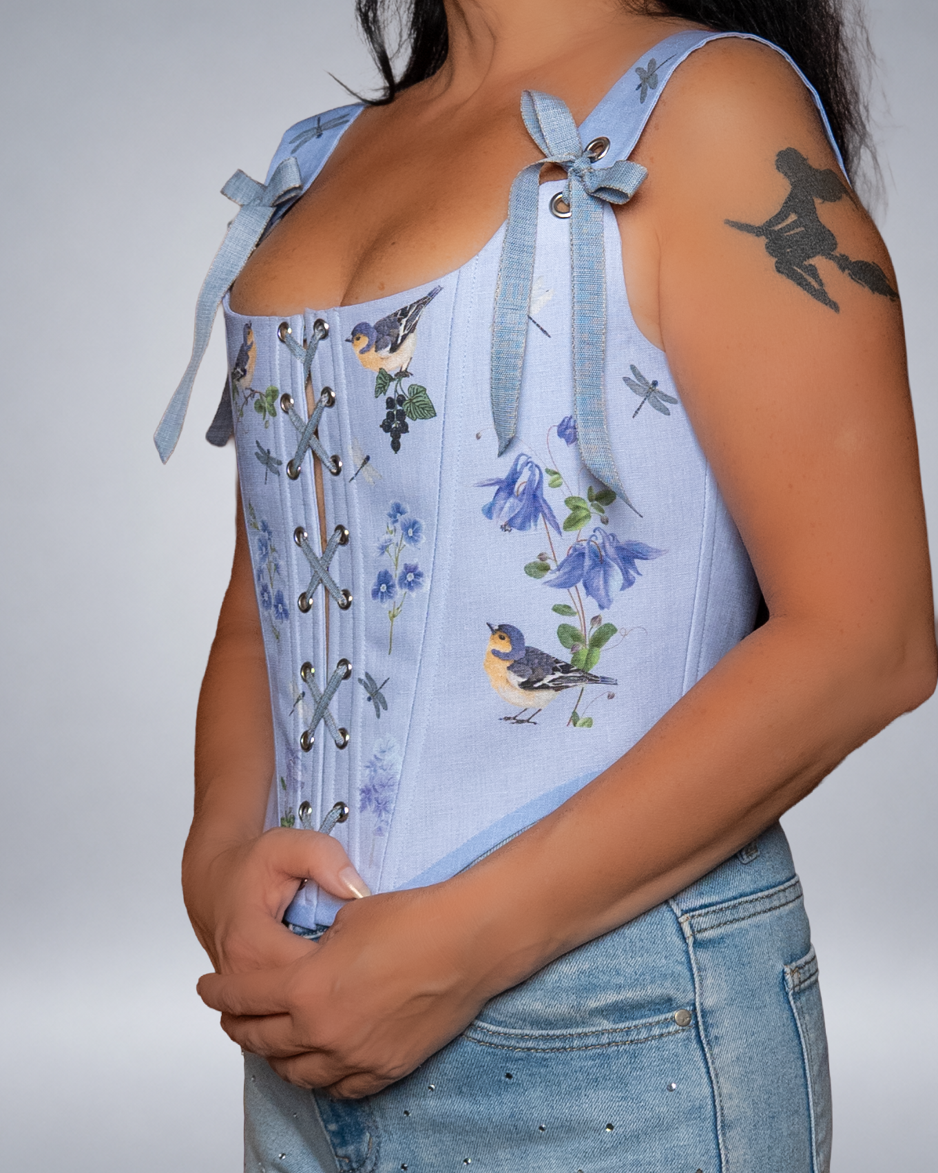 Light Blue Linen Bird Corset with Floral Print  Fairycore Bodice Italian Atelier Made