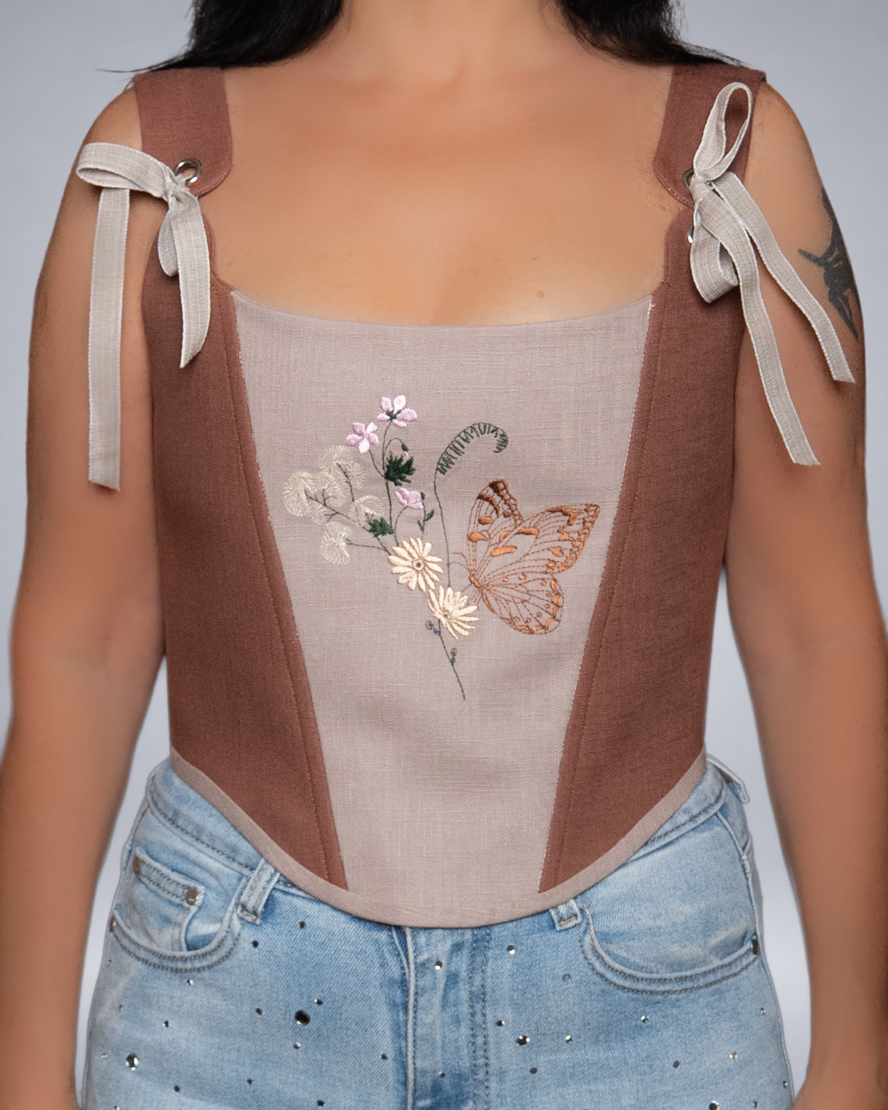 Brown and Beige Linen Corset Top with Embroidery