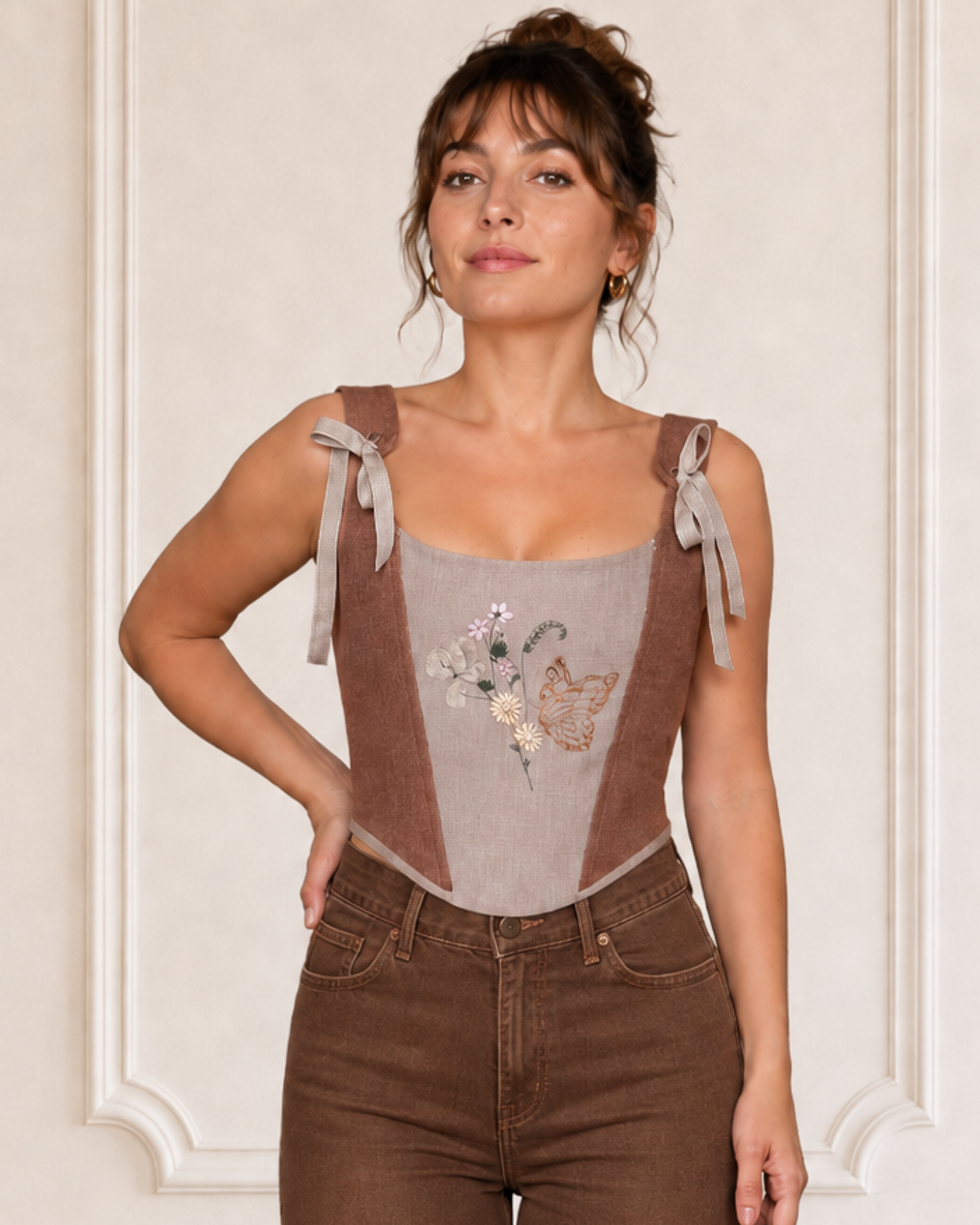 Brown and Beige Linen Corset Top with Embroidery