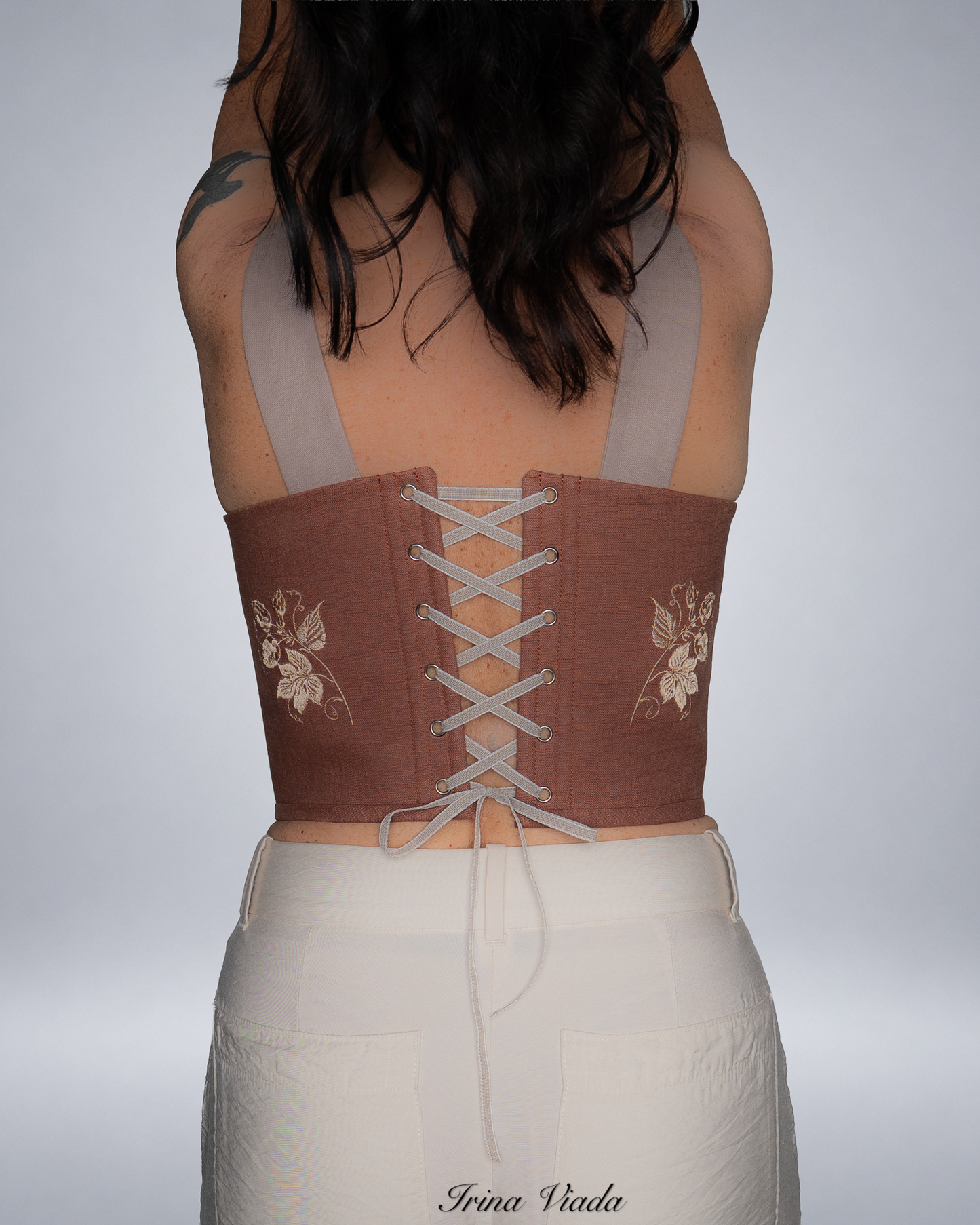 Brown Linen Corset Top with Floral Embroidery Romantic Cottagecore Corset