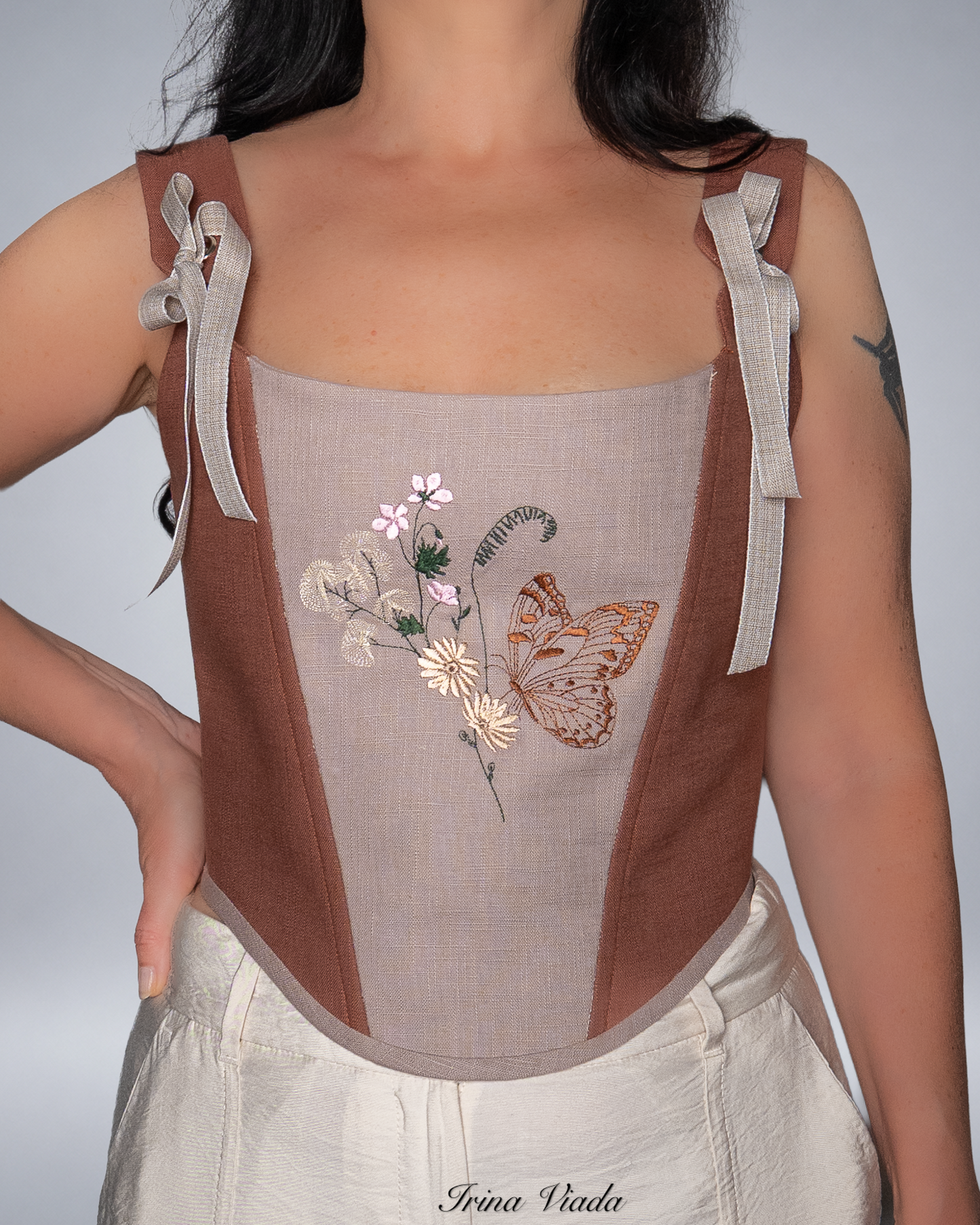 Brown and Beige Linen Corset Top with Butterfly Embroidery Romantic Cottagecore Corset