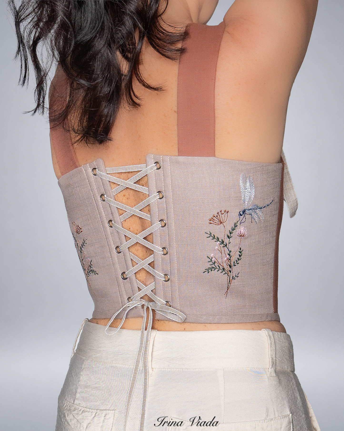 Brown and Beige Linen Corset Top with Butterfly Embroidery Romantic Cottagecore Corset