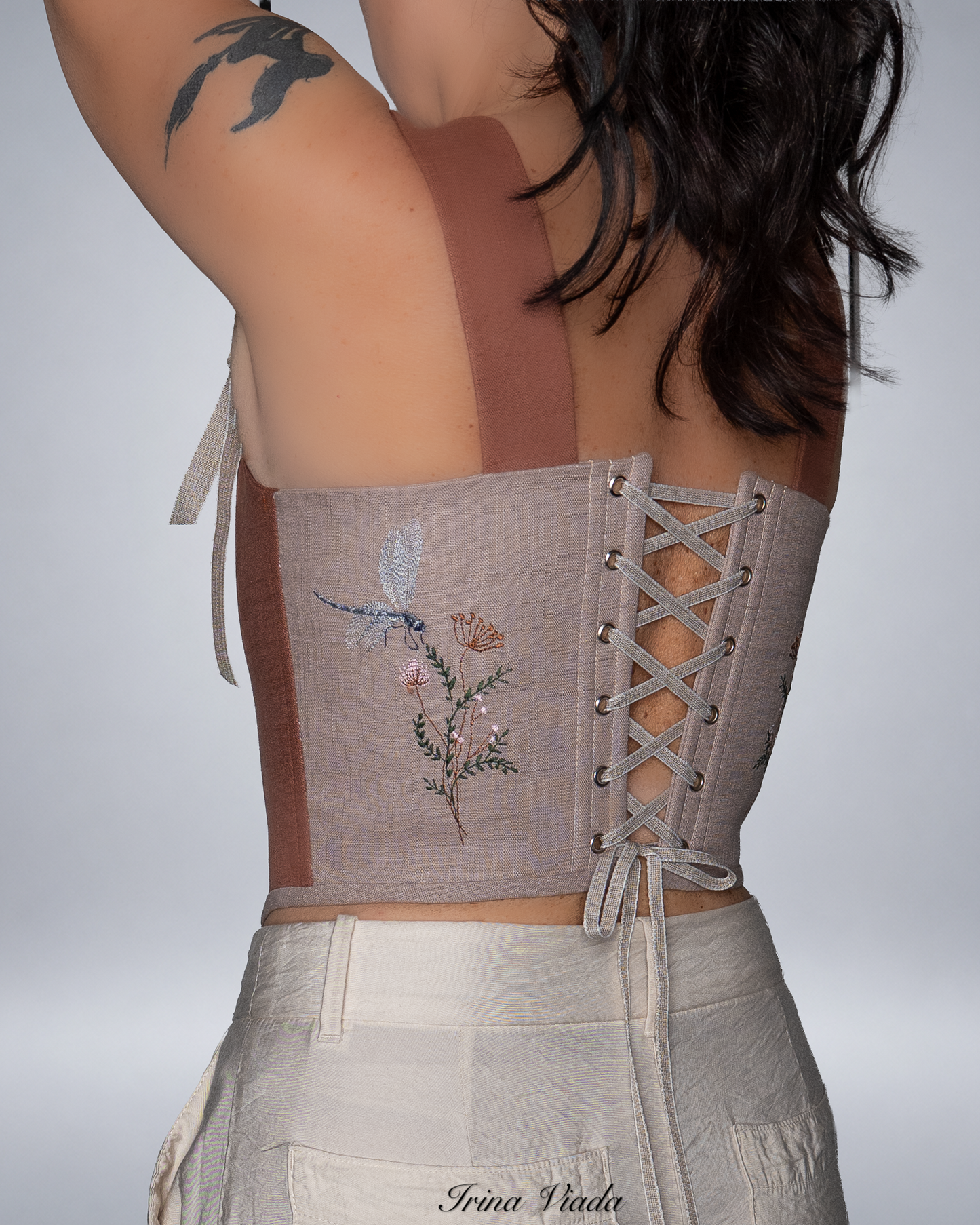 Brown and Beige Linen Corset Top with Butterfly Embroidery Romantic Cottagecore Corset
