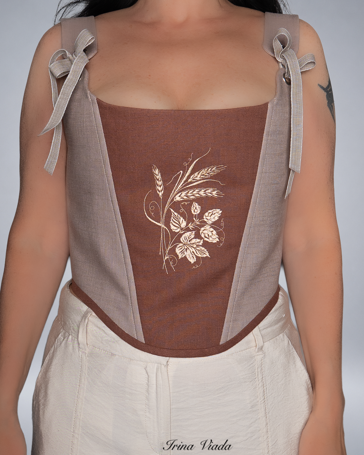 Brown Linen Corset Top with Floral Embroidery Romantic Cottagecore Corset
