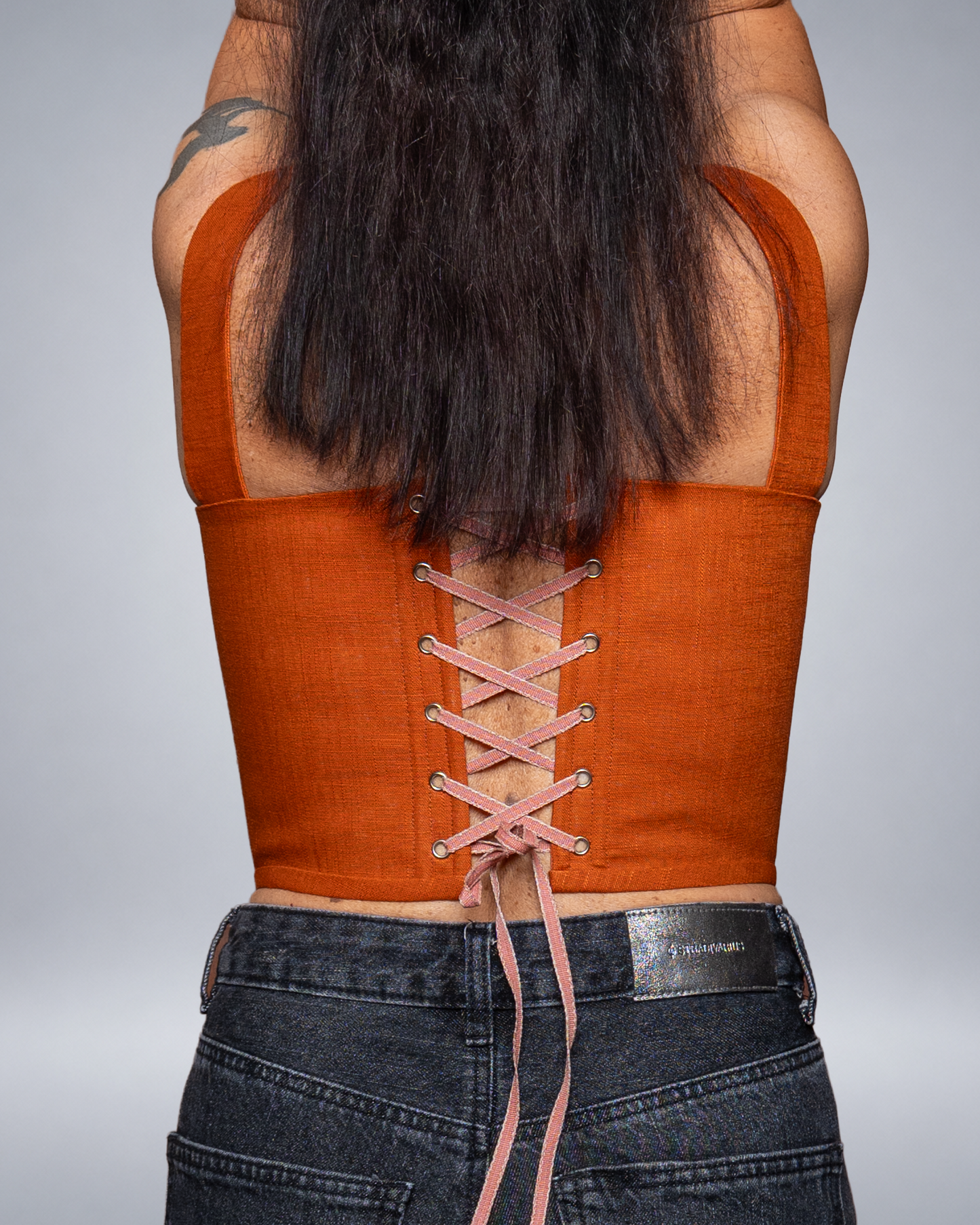 Rust Orange Linen Corset with Front Lace-Up Romantic Bodice Italian Atelier Made