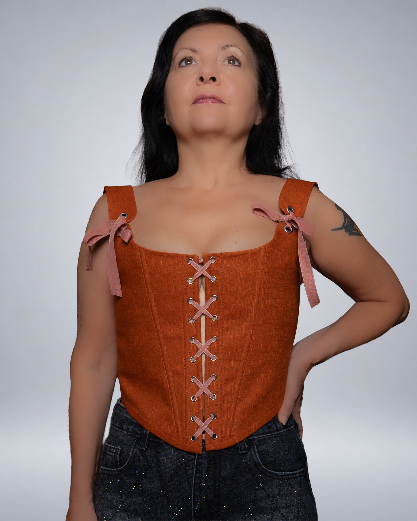 Rust Orange Linen Corset with Front Lace-Up Romantic Bodice Italian Atelier Made