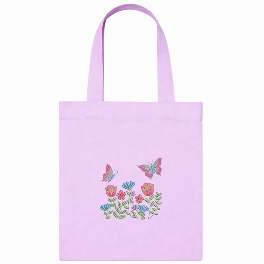 Shopper in canvas rosa con ricamo floreale e farfalle – borsa artigianale VIADALINNO