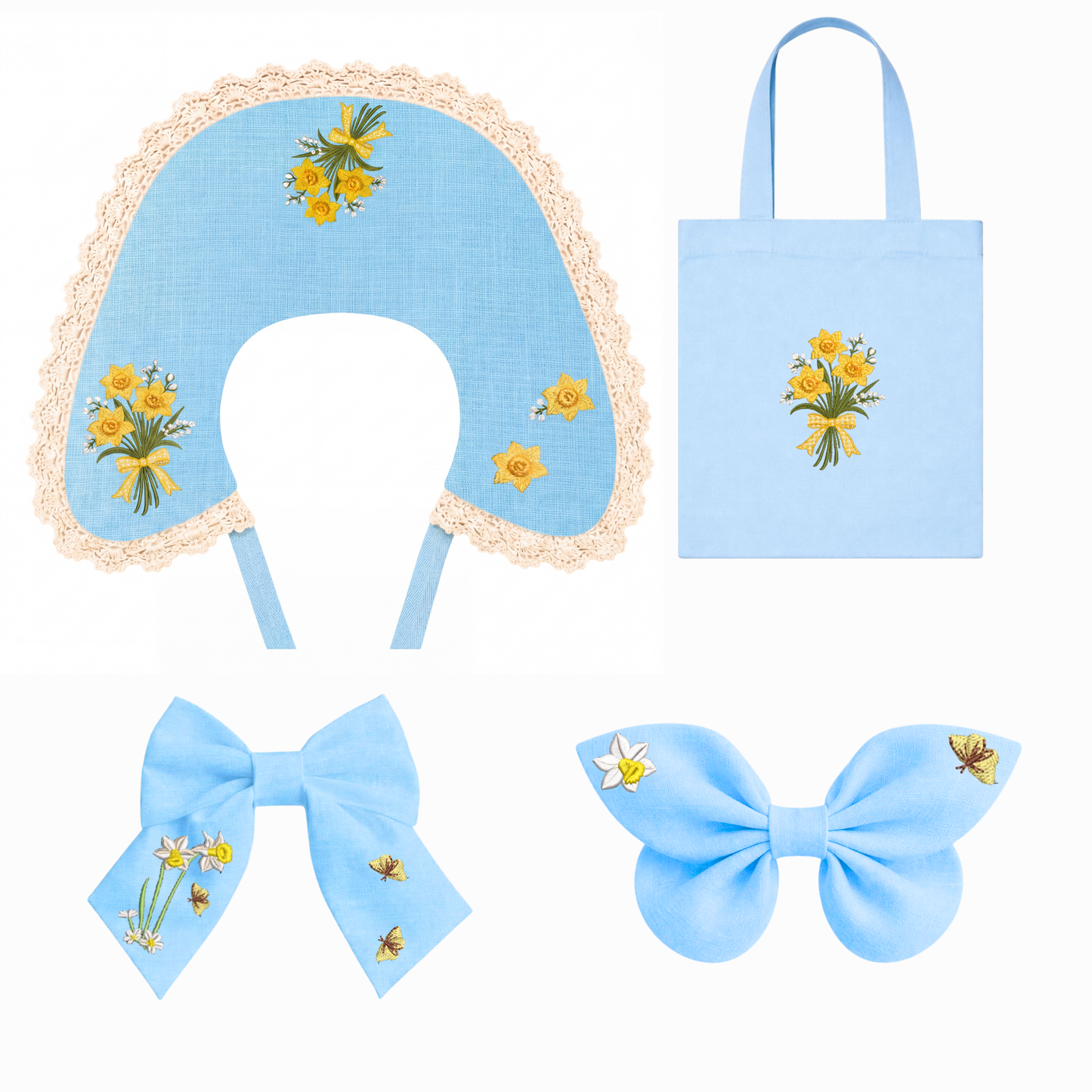 Set Coordinato Bambina in Lino Azzurro Colletto, 2 Fiocchi e Borsa Shopper con Ricamo Floreale