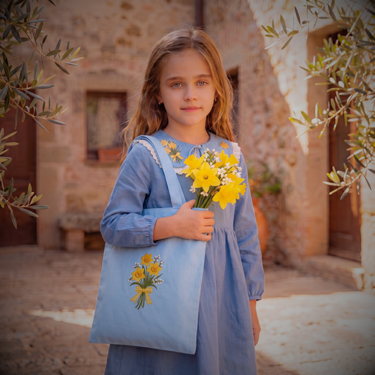 Natural linen coordinated set for girls – Embroidered collar, shopper bag and 2 sunflower bows, handmade in Italy