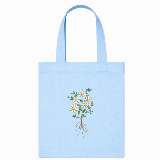 Borsa Shopper Azzurra in Canvas con Ricamo Margherite Fatto a Mano in Italia