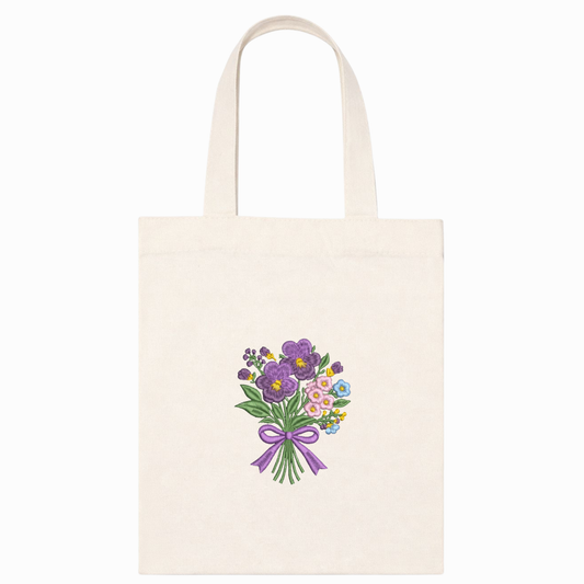 Borsa Shopper in Canvas con Ricamo Bouquet di Fiori Fatto a Mano in Italia