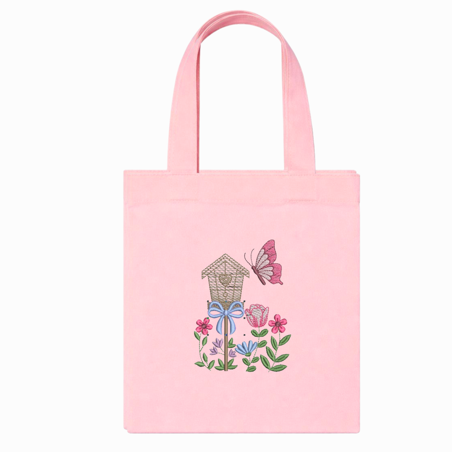 Rosafarbene Shopper-Tasche aus Canvas mit Blumenstickerei und Schmetterling, handgefertigt in Italien