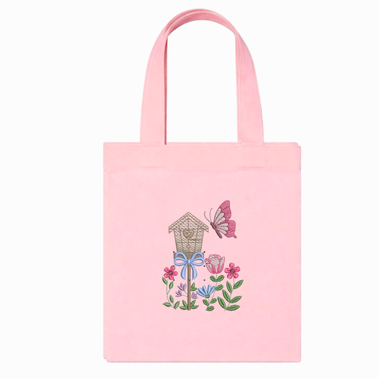 Borsa Shopper Rosa in Canvas con Ricamo Floreale e Farfalla Fatto a Mano in Italia
