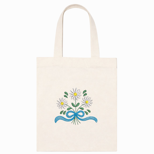 Borsa shopper in canvas con ricamo floreale Tote bag con margherite, fatta a mano in Italia