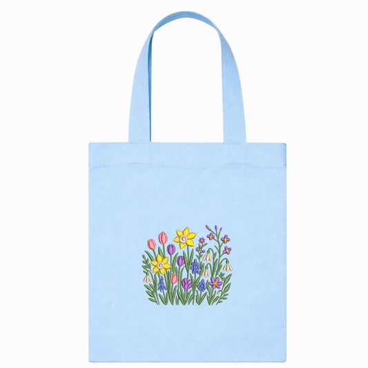 Shopper in canvas azzurro con ricamo floreale – borsa artigianale VIADALINNO