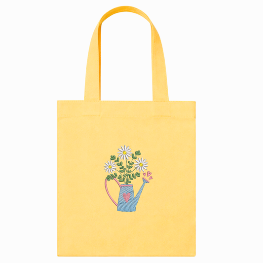 Shopper in canvas giallo con ricamo floreale – borsa artigianale VIADALINNO