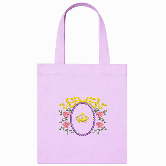 Shopper in canvas lilla con ricamo floreale e corona