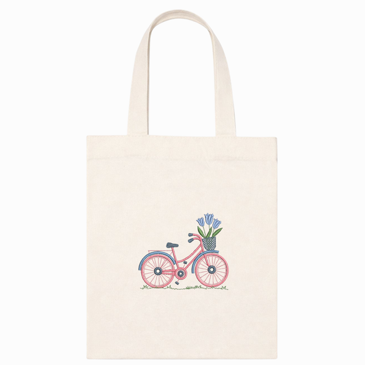 Borsa Shopper in Canvas con Ricamo Bicicletta e Tulipani Fatto a Mano in Italia