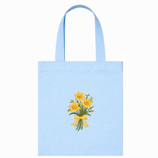 Borsa Shopper Azzurra in Canvas con Ricamo Narcisi Fatto a Mano in Italia